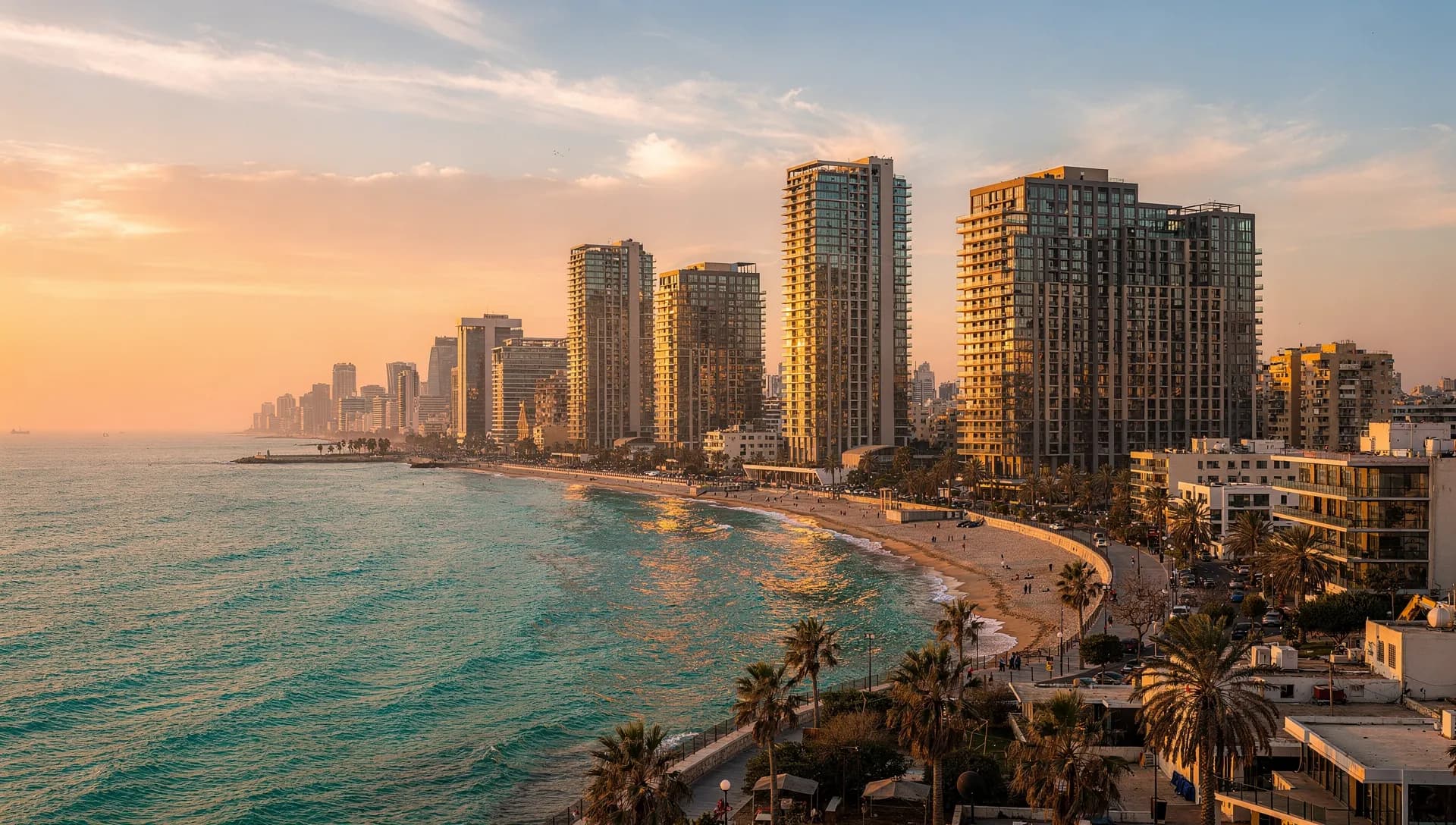 Tel Aviv skyline golden hour — modern residential towers along Mediterranean coast Israel